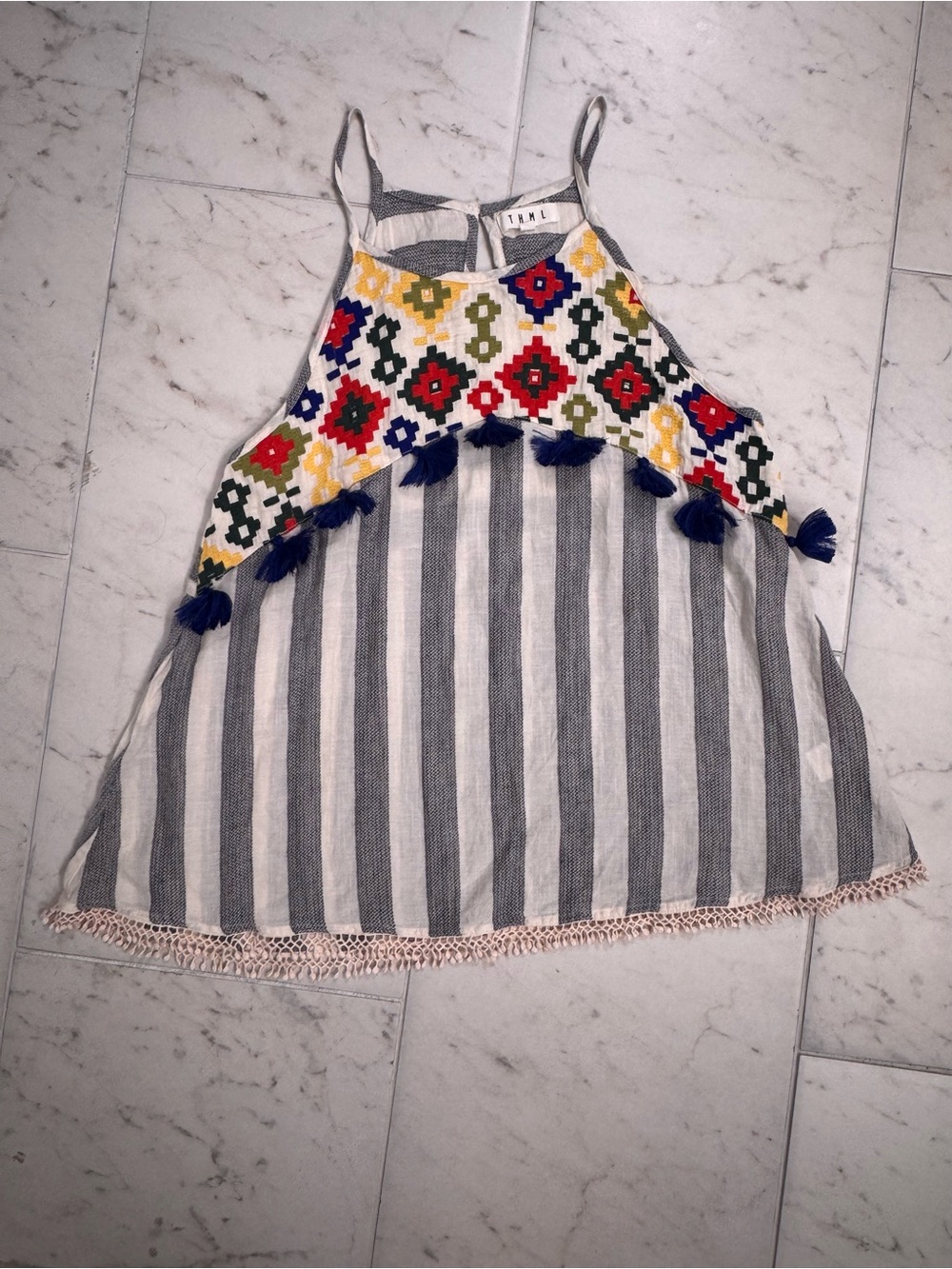 THML boutique boho Striped Tassel Tank Top Colorful Embroidery womens medium